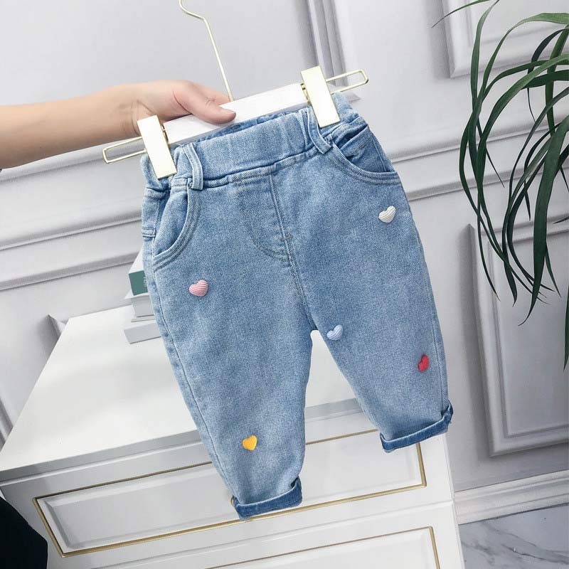 Bjørneleder børn jeans efterår forår piger drenge casual jeans løse bukser børn dejlige hjerte mønster leggings 2 6y: 6t