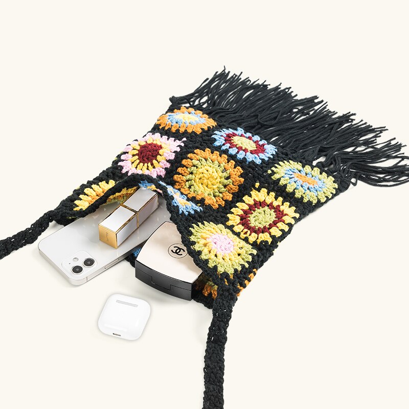 Mabula handgewebte baumwoll-Mini-umhängetaschen für mädchen, gestrickte blumenquasten, stylische schultertasche, kleine handytaschen für damen