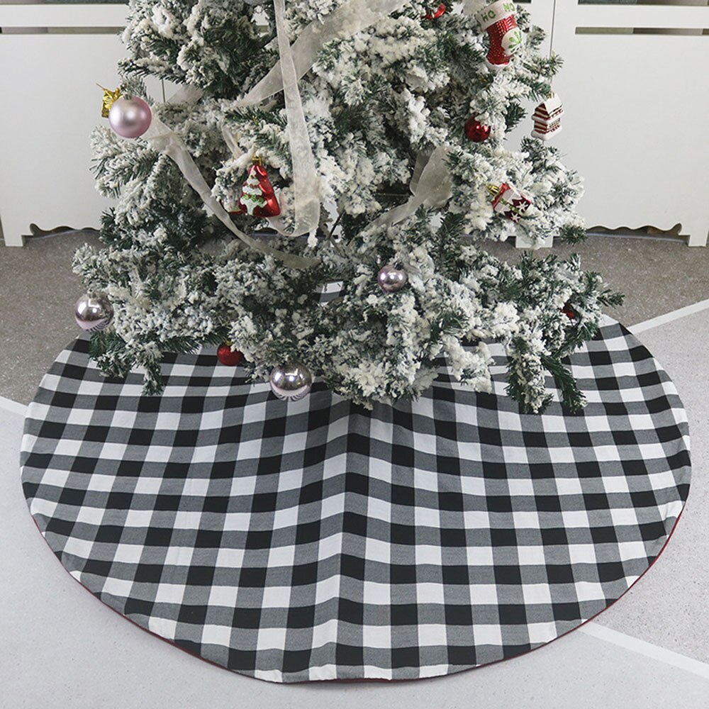 Christmas Tree Skirt Black White Plaid Nonwoven F... Grandado Black And White Christmas Tree Skirt