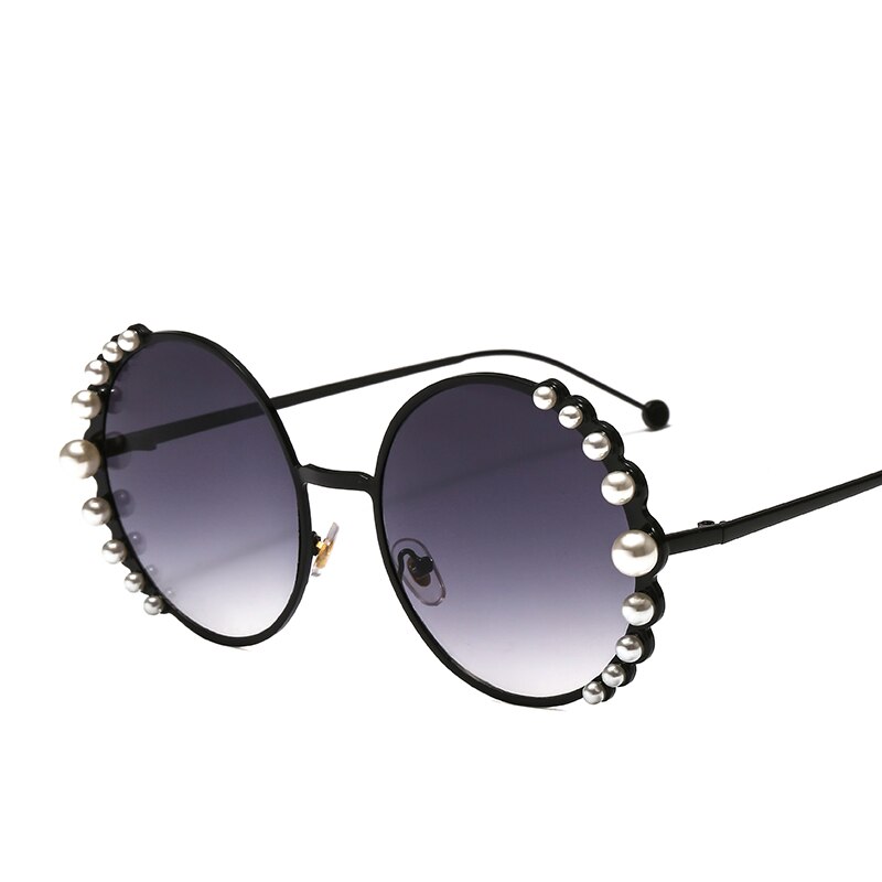 Luksus perle solbriller kvinder metal stel runde solbriller mærke spejl perle solbriller  uv400: Sortgrå