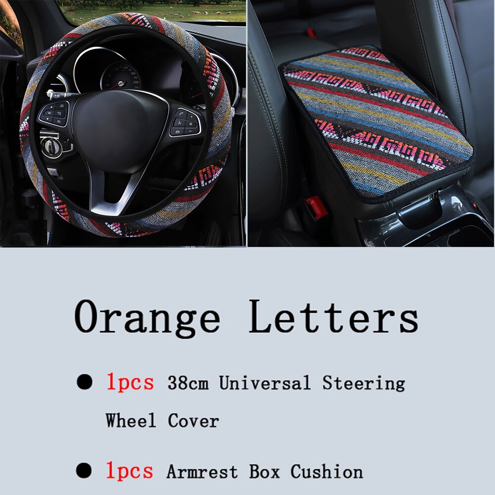 Auto Armlehne Box Kissen Vier Jahreszeiten Ethnische Stil Leinen Stoff Atmungs Nicht-slip Zentrale Griff Box Abdeckung Auto Zubehör: Orange letters C