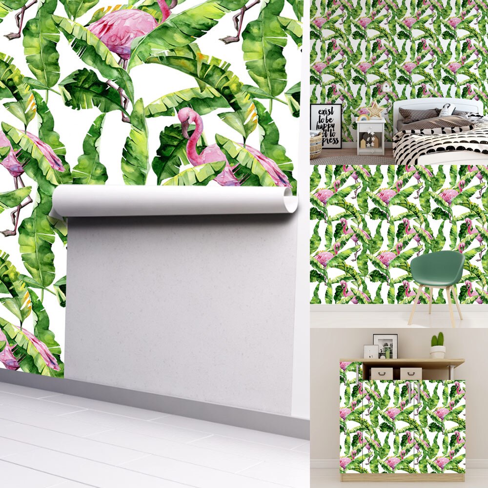 45*300cm tropisk jungle selvklæbende tapet grønne blade fugle dyreprint blomster botaniske farverige fliser wallsticker