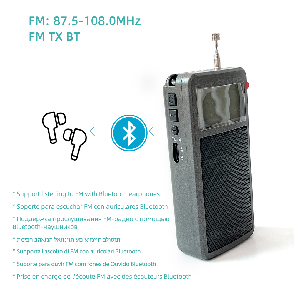 Radio FM portatile Mini ricevitore tascabile Schermo LCD stereo Supporto ad alta sensibilità Auricolari Bluetooth con antenna altoparlante