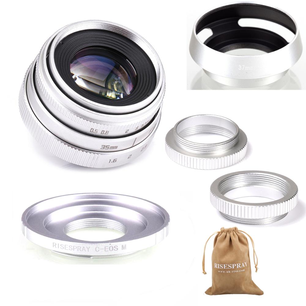 Argento mini 35 millimetri f/1.6 APS-C CCTV lente + anello adattatore + 2 macro squillare + lente cappuccio per canone EF-M EOSM Mirroless Macchina Fotografica M1/M3/M5