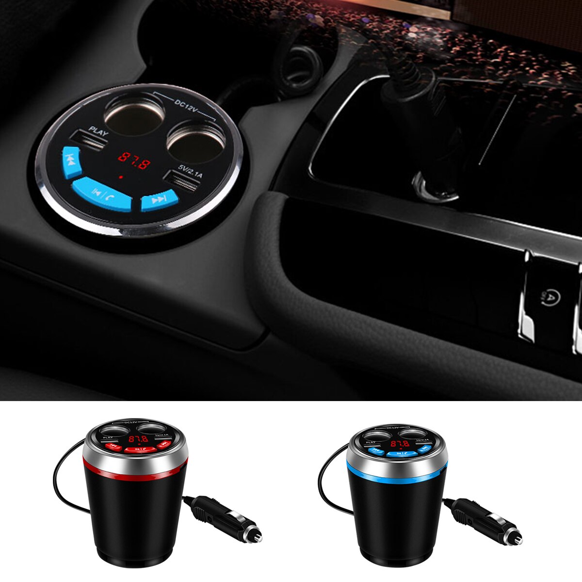 Car Bluetooth FM Transmitter Dual USB Car Charger Adapter Music MP3 Player Hands Free Car Kit Cup Holder Cigarette Lighter
