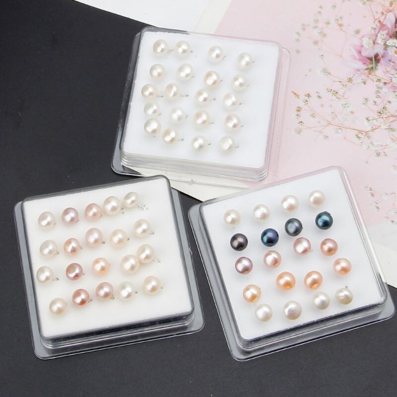 10 Pairs White Pink Black Color Natural Fresh Water Pearl Stud Earrings for Women 6MM Round Irregular Shape Pearly Earrings