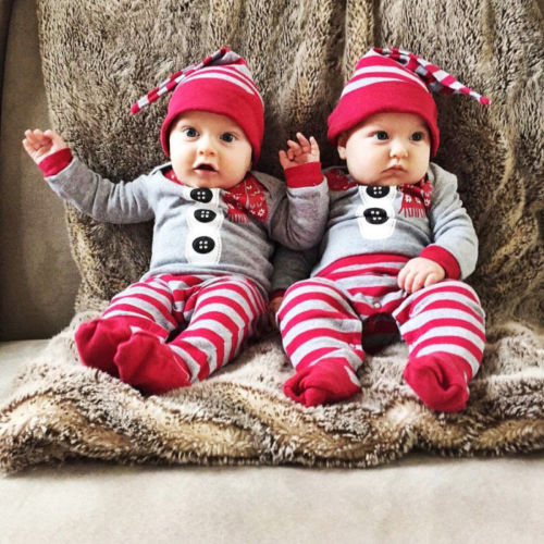 Herfst 2 stks Baby Jongen Meisje Kerst Santa Streep Lange Mouwen Footies Jumpsuit En Hoed Casual Outfit Kleding set