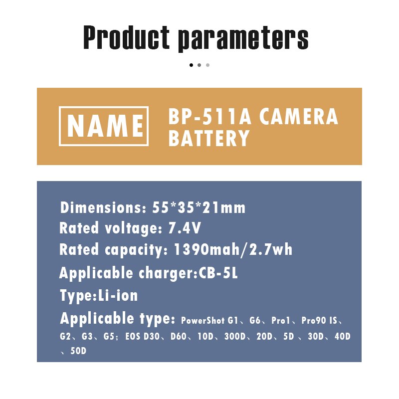 1390mAh BP-511A For Canon Camera Rechargeable Battery 7.4V EOS D30 D60 10D 300D 20D 30D 40D 50D PowerShot G1 G2 G3 MV600i Pro1