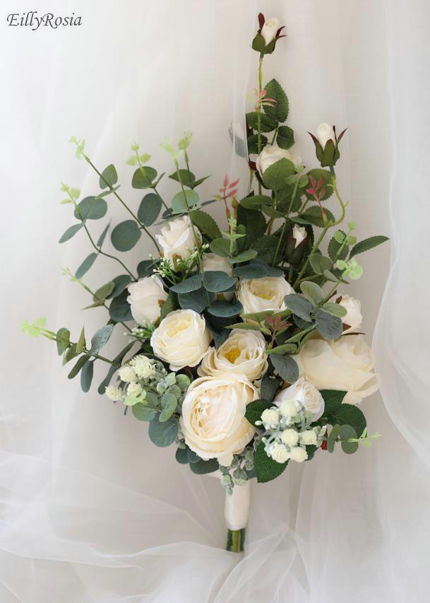 Handmade Country Wedding Bouquet Beautiful Artificial Flowers Green Eucalyptus White Rose Romantic Bridal Flowers Bouquet