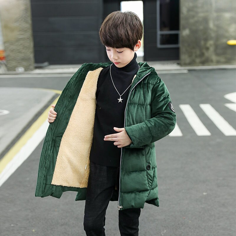 Inverno menino longo casaco parka adolescente casacos quentes casaco para crianças jaquetas pleuche adolescentes meninos inverno hoodies outerwear 5-14 t: Verde do exército / 14(155-165CM)