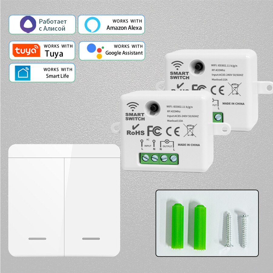 Alexa Wifi Smart Switch Tuya Alice Smart Life Home Gadgets Wireless Wall Interruptor for Light DIY Mini Module 1/2/3 Gang 433Mhz: 2 Receiver 1 Switch