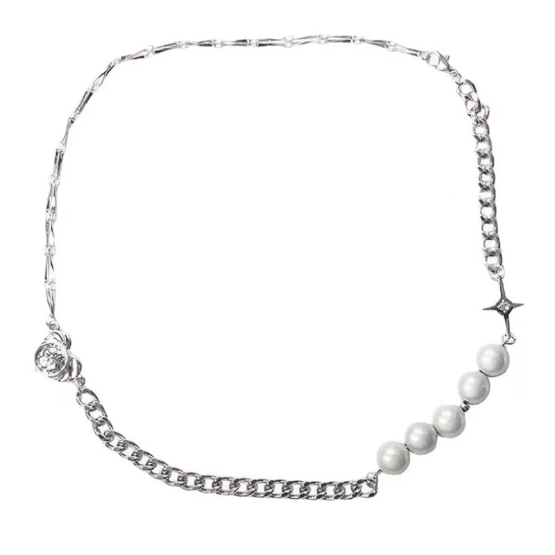 Girocollo di perle bianche Design asimmetrico unico con catena in lega e perle fluorescenti incrociate collane delicate ottimo regalo