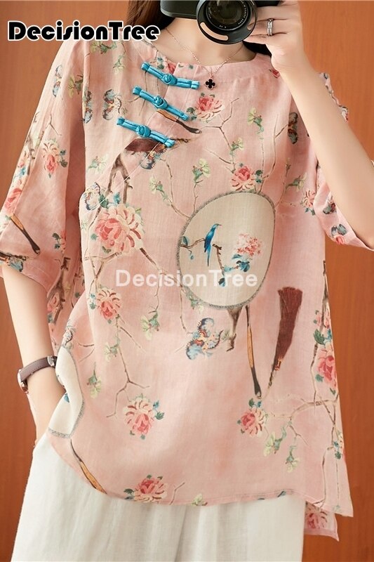 Tops hanfu top, camisa china de estilo chino, ropa tradicional china para mujer, cuello en v, tops tradicionales chinos holgados 2022