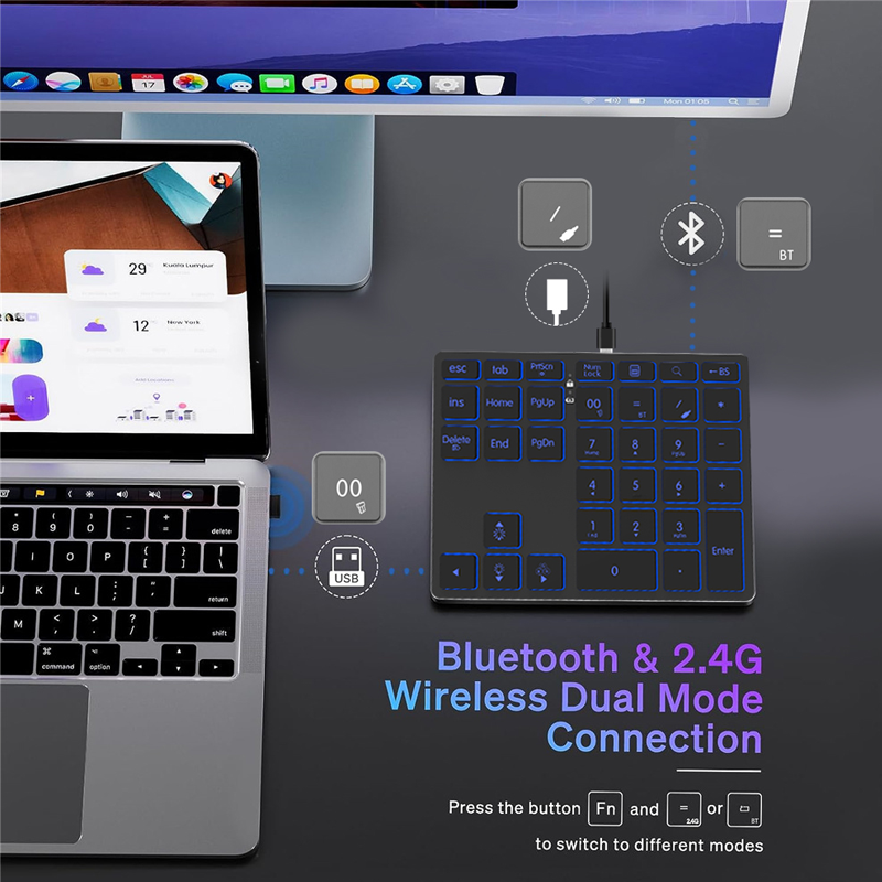 JOMAA 2.4G Bluetooth numeriek toetsenbord Draadloos oplaadbaar numpad-toetsenbord voor iPad Laptop Bedraad nummertoetsenbord