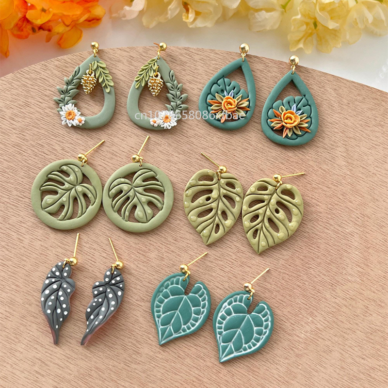 Cortadores de arcilla polimérica de hojas tropicales, hojas verdes en relieve, fabricación de cerámica, pendientes de arcilla colgantes, herramientas colgantes de joyería