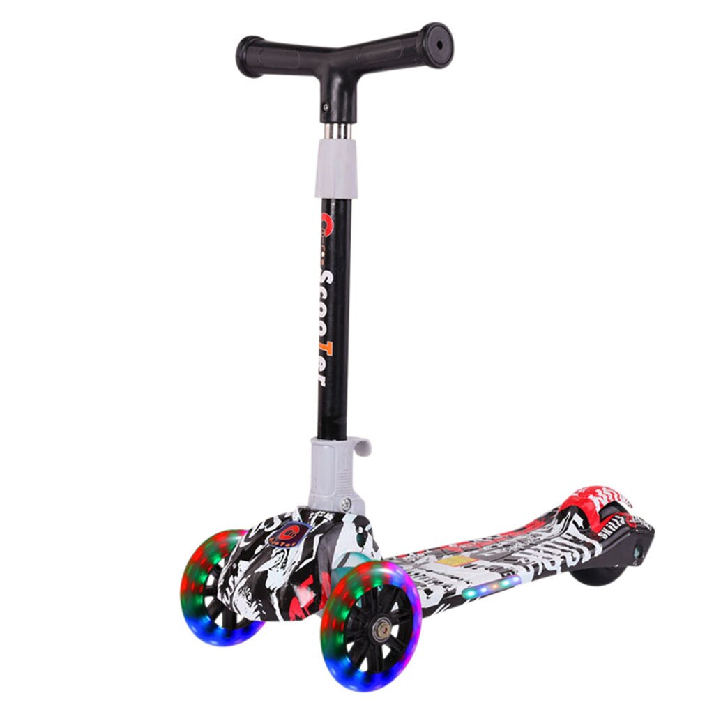 Justerbar sportscooter foldbar kick scooter justerbar t-bar styr til børn med led lys kateboard til børn udendørs legetøj: Sort