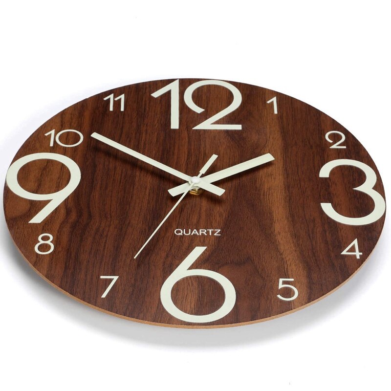 Luminous Wall Clock,12 Inch Wooden Silent Non-Ticking Kitchen Wall Clocks With Night Lights For Indoor/Outdoor Living Room Bedro