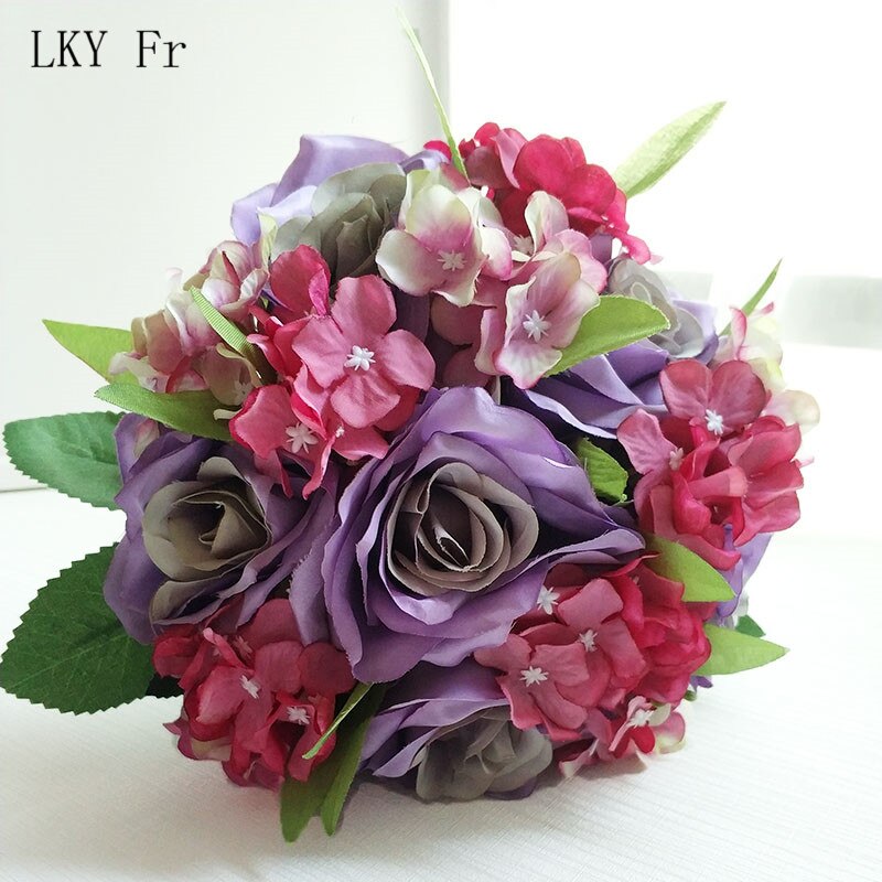 Lky fr bryllupsbukett silke roser brudebukett kunstige blomster bryllupsbuketter til brudepike dekor bryllup tilbehør: Lilla bukett