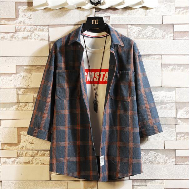 Plaid Men's Striped Shirts Three Quarter Sleeve Casual Shirt Japan Shirt M-4XL 5XL Plus Asian Size Blouse: 5XL FOR 190 CM 100KG