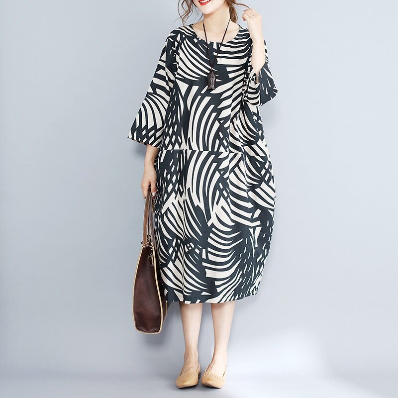 Kåbe vintage femme sommer forår kjole print blomstret bomuld hør koreansk kjole løs oversize boheme kjole  ta1556