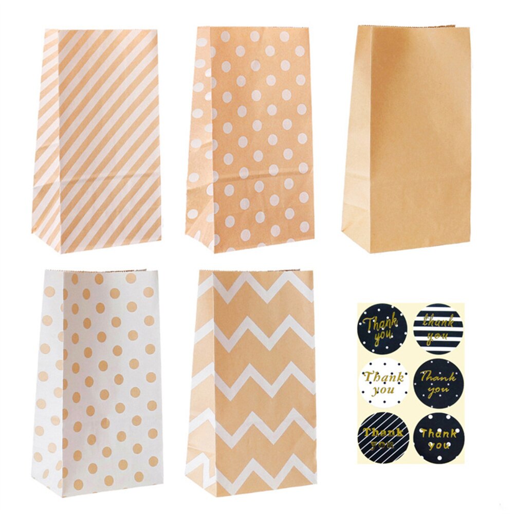 5 Sets Polka Dot Stripe Blank Kraft Paper Bags Candy Bag Wedding Birthday Party DIY Packaging Bags With Thank You Sticker