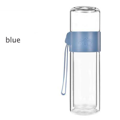 Kontor forretning glas vandflaske bærbar dobbeltvægs glas teflaske med te-infuser gennemsigtig glasflaske: Blå