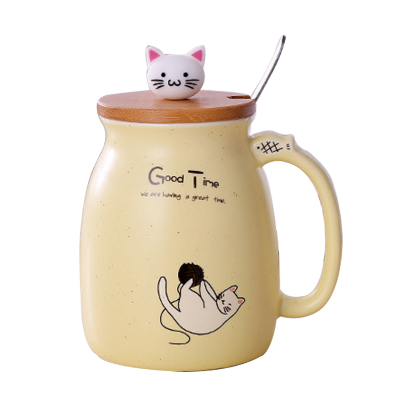 cute cat Mug cup heat-resistant cartoon taza with lid kitten coffee ceramic mugs children cup office Drinkware: yellow