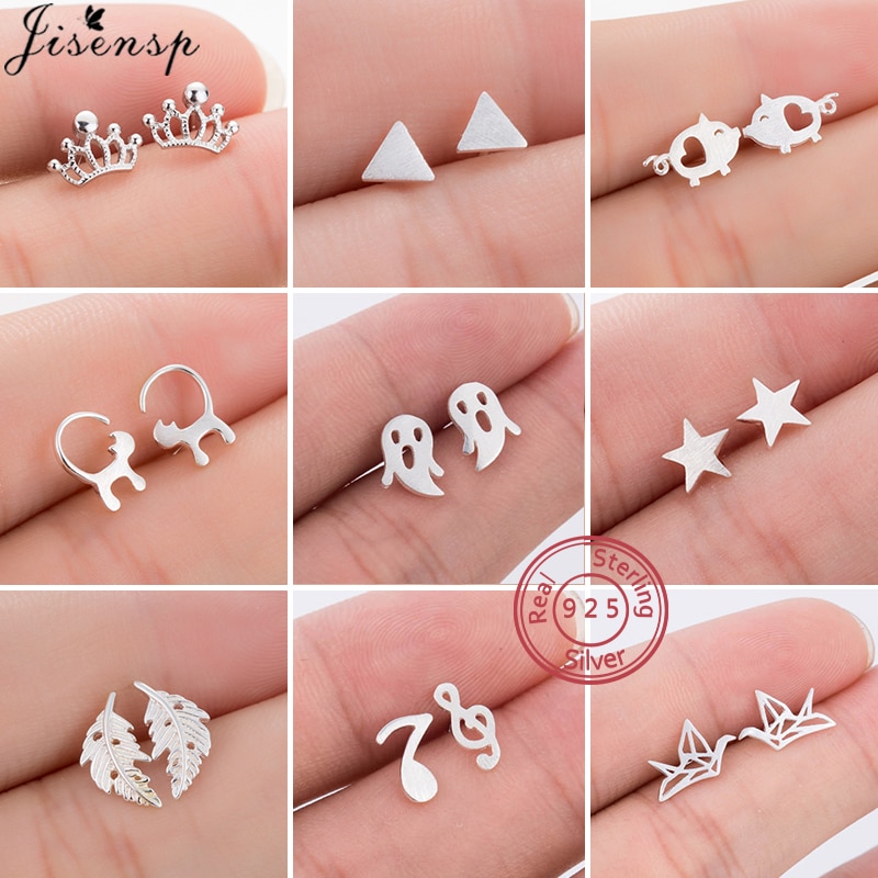 Real 925 Sterling Silver Animal Earrings for Women Minimalist Star Cat Triangle Music Stud Earrings Child Best allergy free