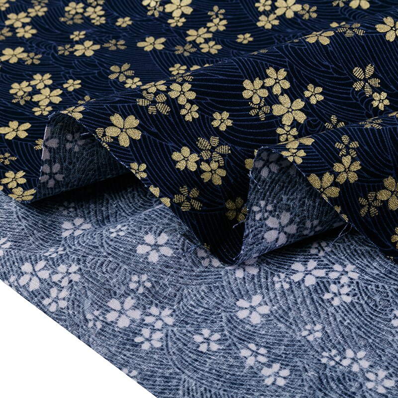 Tissu en coton bleu foncé imprimé Bronze tissu à motif de fleurs de Style japonais pour Kimono Cheongsam et bricolage sac TJ8692-2