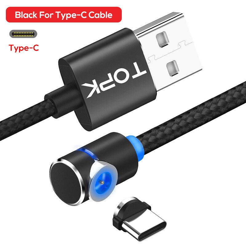 Topk AM30 Magnetische Oplaadkabel, 90 Graden Led Kabel Voor Iphone 11X8 7 6 Plus & Micro Usb Kabel & Usb Type-C Usb C Kabel: Black Type c Cable / 1M