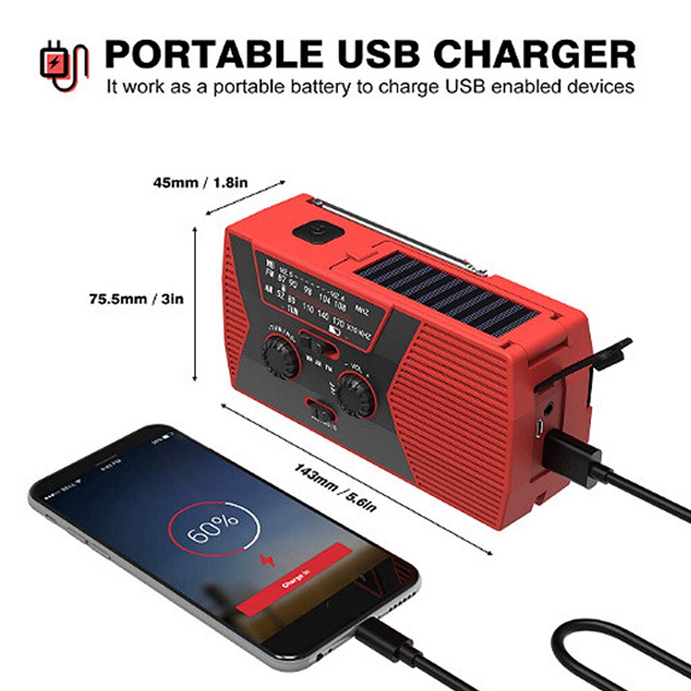 Hand Radio Solar Crank Dynamo Powered Am/Fm Weer Waterdichte Radio Gebruik Emergency Led Zaklamp En Power Bank