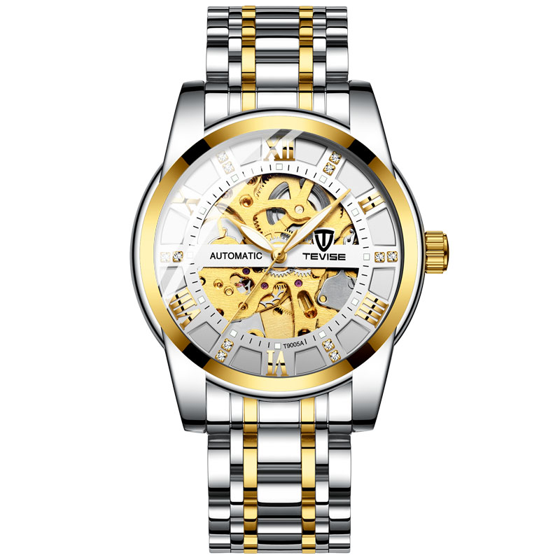 Top Luxe Mens Automatische Horloges Mannen Roestvrij Staal Skeleton Mechanische Horloge Cadeaus Voor Mannen: gold white