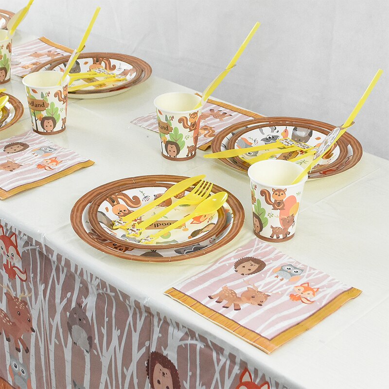 Forest Theme Party Decoration Hedgehog Owl Fox Napkin Plate Cup Jungle Animal Tableware Baby Shower Kids Birthday Party Supplies