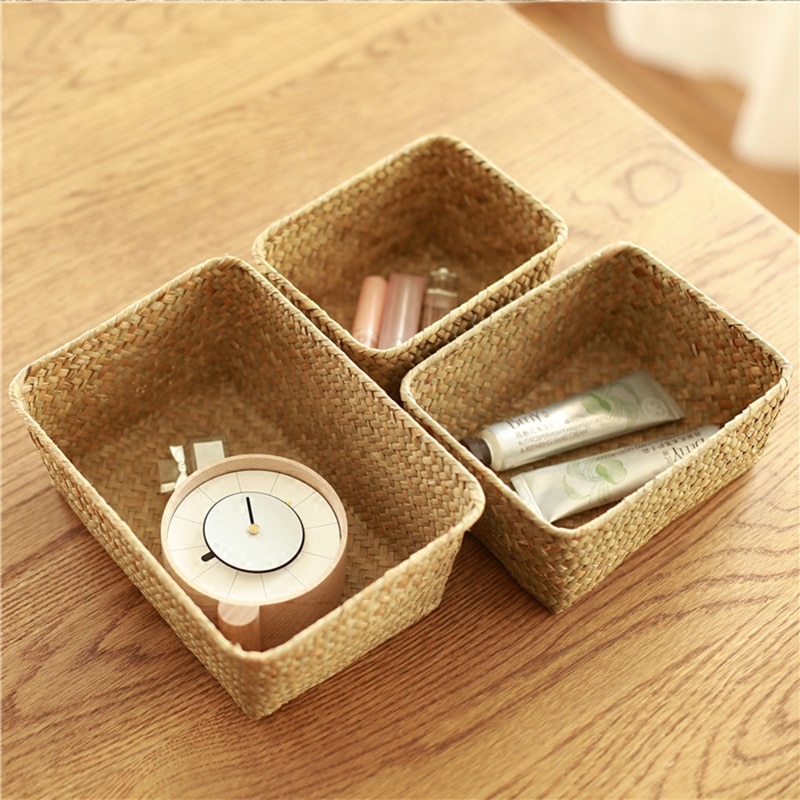 Handgemaakte picknickmand van stro, riet voor brood, fruit, eten, badkamer, bureau, keuken, opruimartikelen, rotan opbergdoos