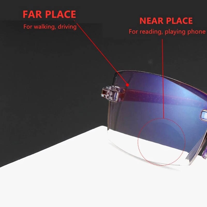 Rimless Bifocale Leesbril Mannen Vrouwen Anti Blauw Licht Verziend Glazen Dioptrie 150 250 TR90 Onbreekbaar