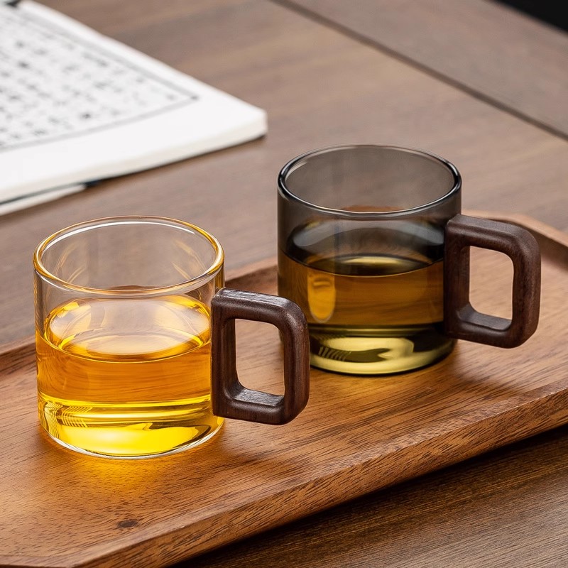 Taza de té de Pyrex de alto borosilicato de una sola capa de madera de vidrio YWDL, taza de café para agua potable de gran capacidad