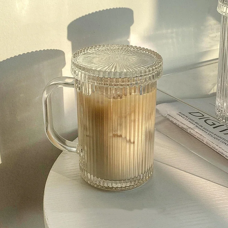 Taza de vidrio a rayas de 375Ml con tapa, Pajita de estilo japonés para beber, tazas elegantes para leche, café, té, de cumpleaños, vasos de whisky: Castaño