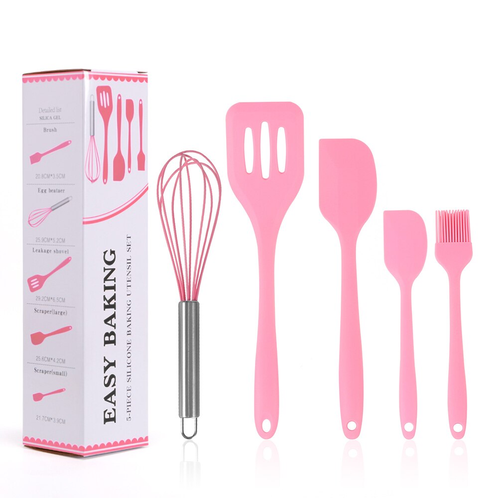 Silikon köksredskap köksredskap set non-stick köksredskap verktyg äggvispar turner oljeborste köksredskap bakset: Rosa