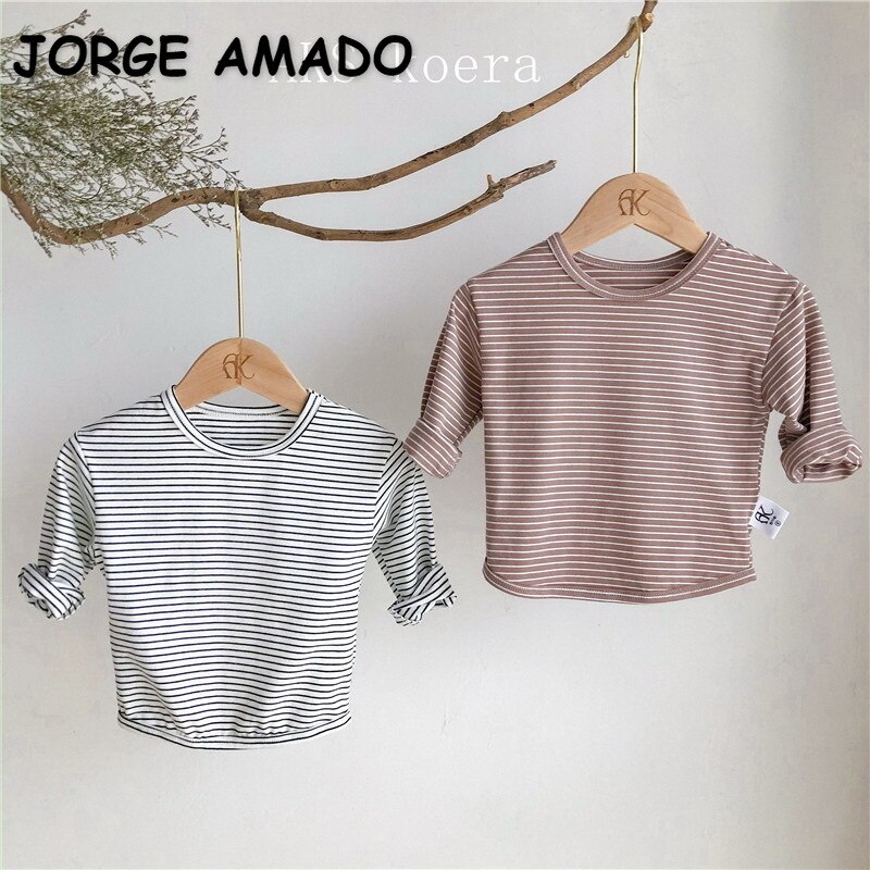 Lente Kids Meisjes Jongens T-shirts Effen Kleur Gestreepte Lange Mouwen Casual Stijl Blouses Kinderkleding E99