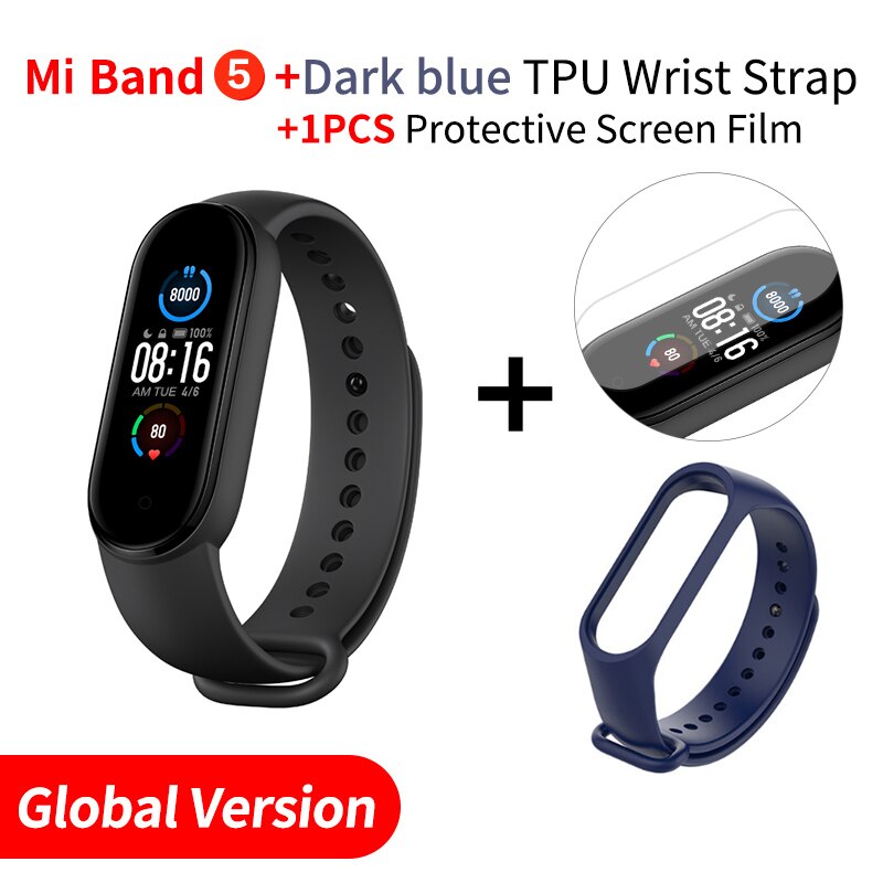 Global Version Xiaomi Mi Band 5 Smart Bracelet AMOLED Dynamic Color Display Bluetooth Sport Fitness Tracker Fitness Smartband: Add Dark blue Strap