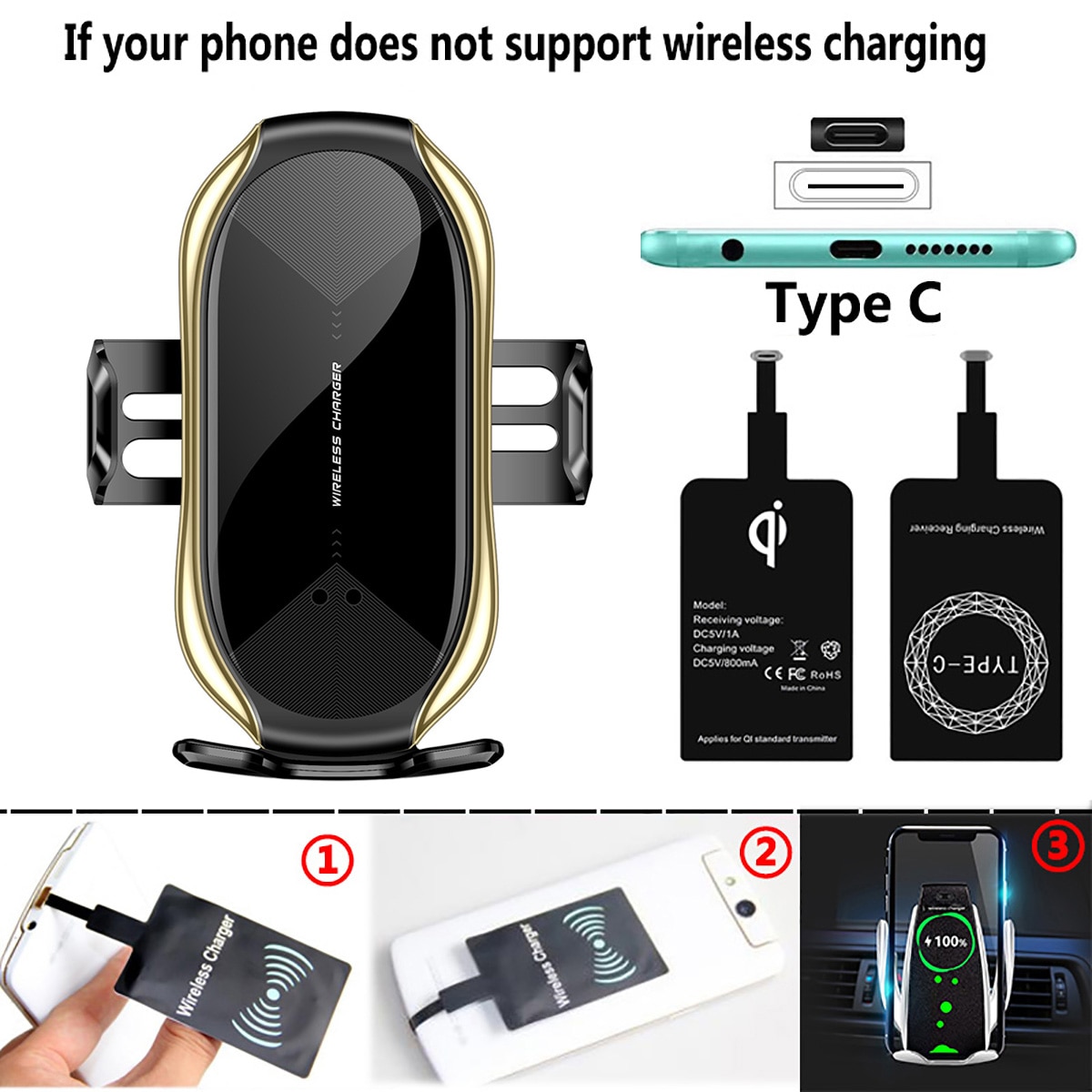 Wireless Charger Car Mount for Air Vent Mount Car Phone Holder Intelligent Infrared Fast Wireless Charging Charger For iPhone 11: For Type C