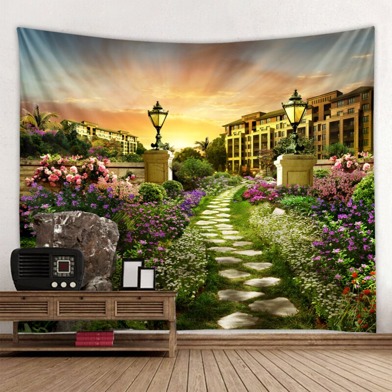 Beautiful city flower path wall hanging in the sunset 3d digital printing tapestry bedroom art decoration: 200x150cm