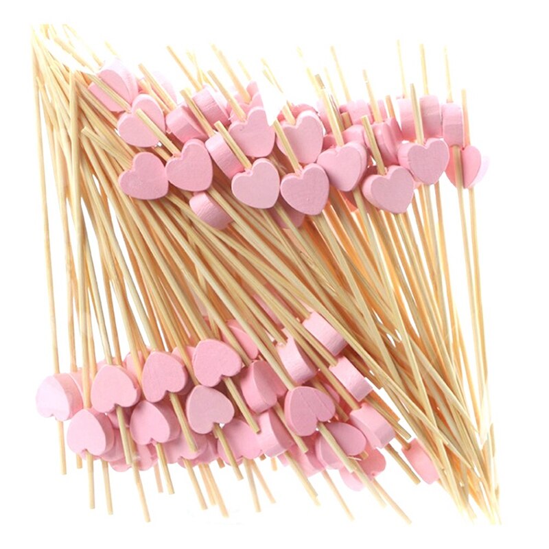 Cocktail Bar, Wooden Toothpicks, Party Supplies, Frilly Finger Food, Fruit Sandwich Snacks-Pink Heart 100 Sticks