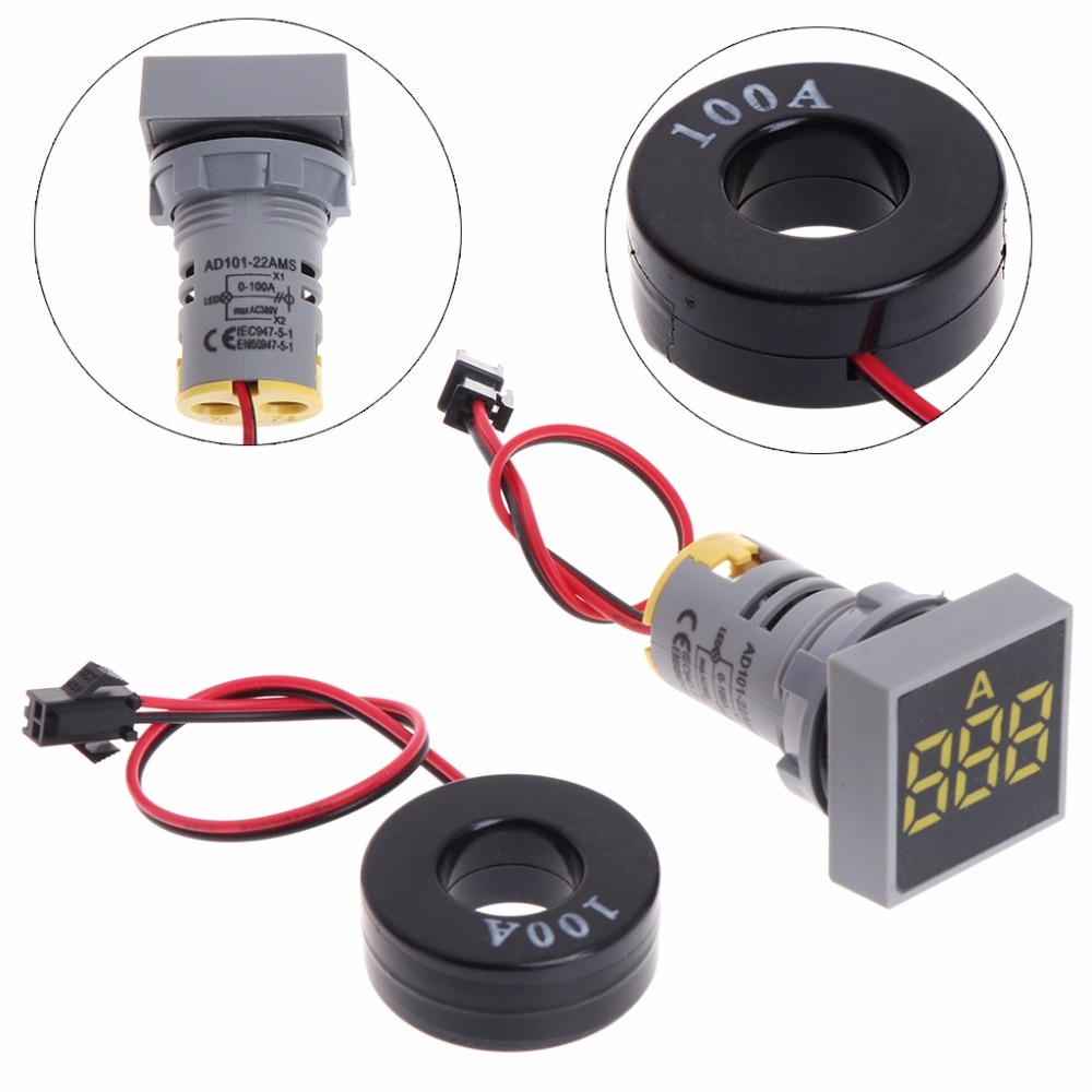 Digital Ammeter 0-100A – 22mm Square Head LED Backlit Current Meter Tester, Flame Retardant Housing, Easy Install