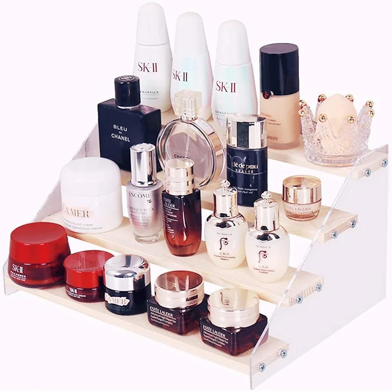 Présentoir en bois acrylique, support de maquillage, organisateur de parfum, étagère à 2-7 couches, figurine d'action, poupée, jouet, échelle, vitrine, supports de rangement