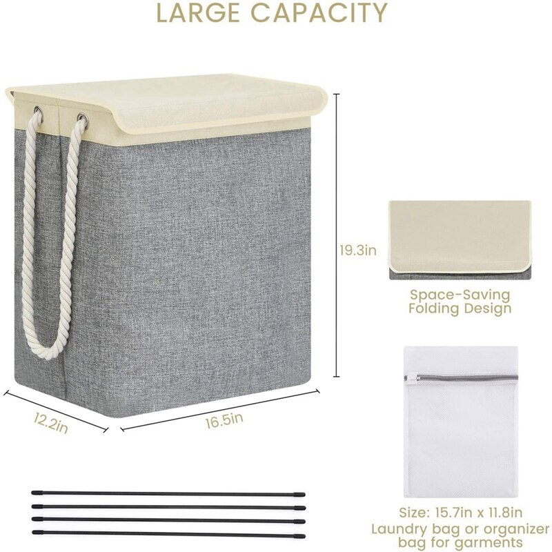 Large Laundry Basket with Lid, Collapsible Linen Laundry Hamper with Handles, Washing Basket for Storage Clothes
