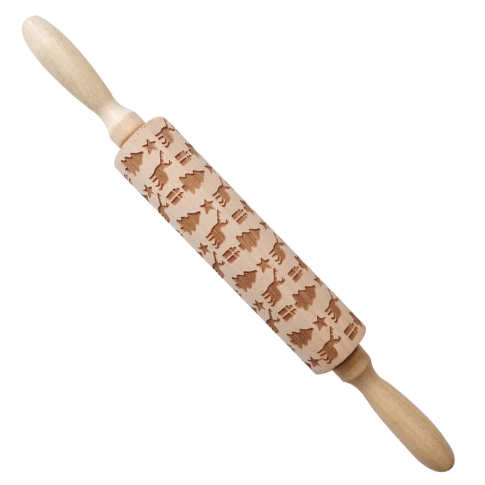 Wood Embossing Pizza Roll Pin Fondant Dough Deer Pattern Engraved Roller Stick Baking Pastry Tool Baking Christmas Accessories: A