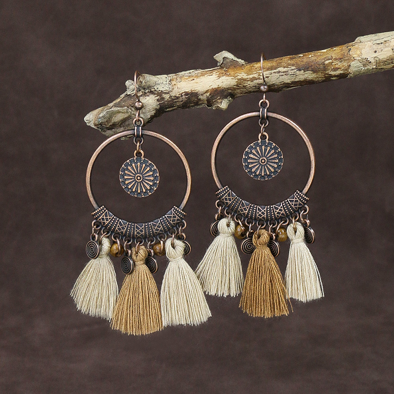 Pendientes étnicos Vintage bohemios con forma de gota para mujer, aretes largos bohemios con cuentas y borlas de madera, aretes redondos geométricos de hojas y flores, joyería: Cobalto violeta