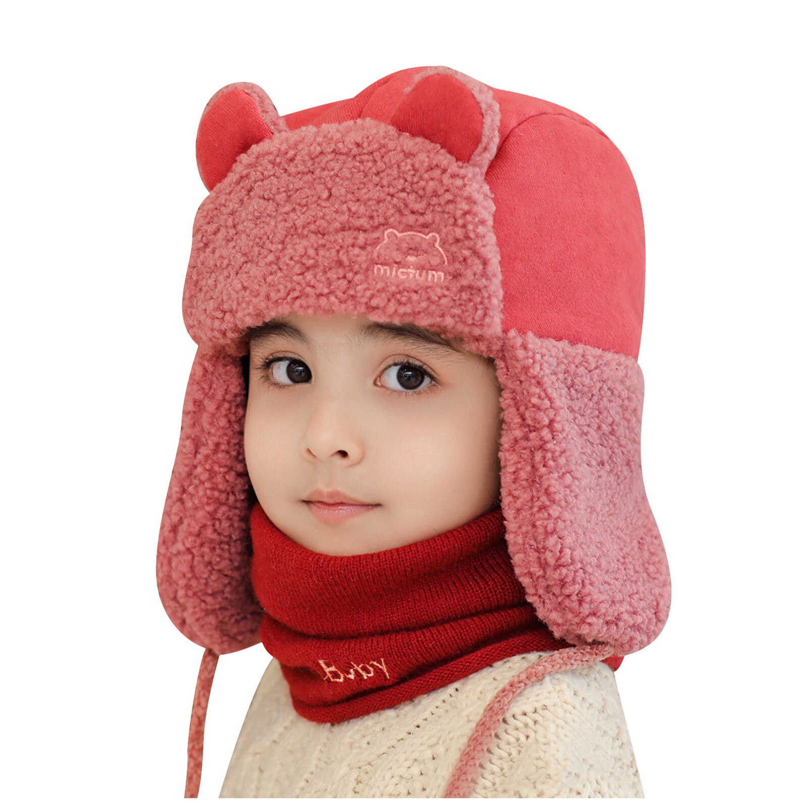 Winter Warm Children Kids Windproof plus velvet Fleece Earflaps Protection Solid Hat+Scarf Sets Cartoons Bear Hat: Burgundy