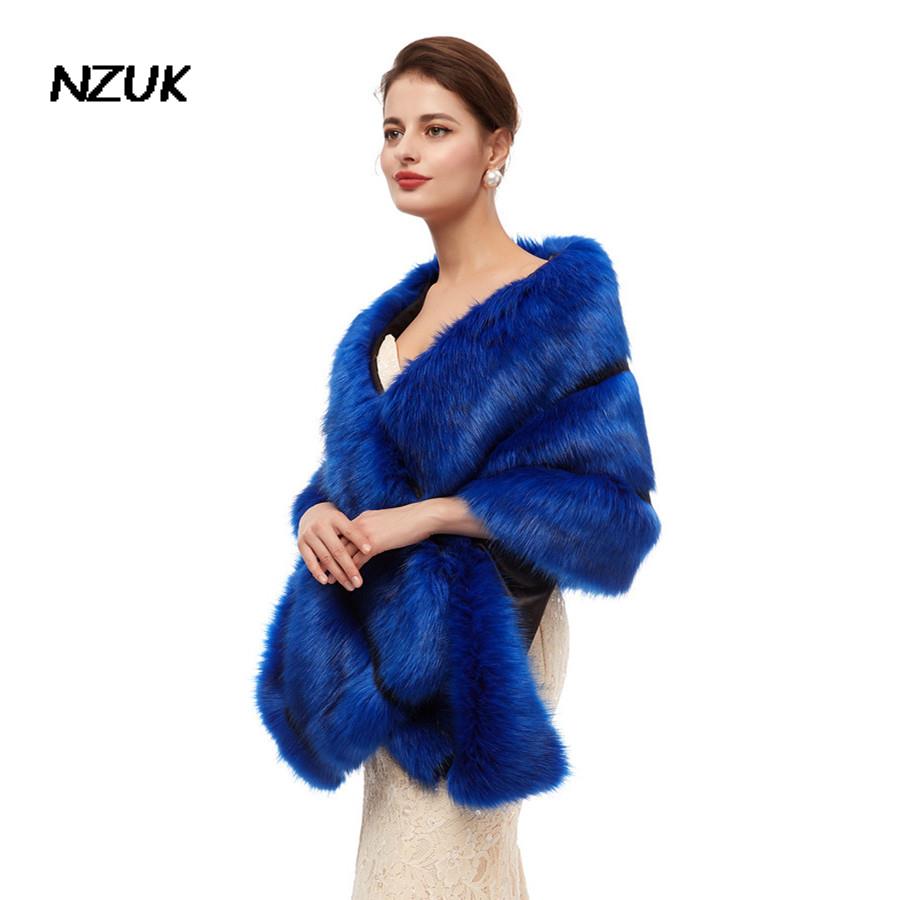 NZUK eleganckie królewskie niebieskie kobiety Capelet Faux futro szal robić opatulania się zimowe płaszcze ślubne odzież wierzchnia ślubny płaszcz bolero меховые накидки